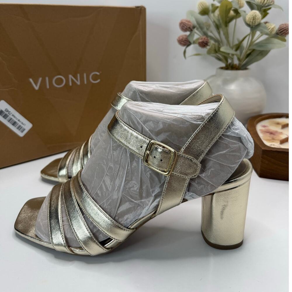 Vionic Nora Leather Block Strappy Sandal Heel Gold J5525L4700 Women 10M Tried On
